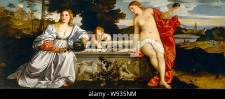 Tiziano, Tiziano Vecellio, pittura rinascimentale ad olio su tavola, amore sacro e profano, 1514 Foto Stock