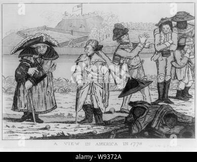 Una vista in America nel 1778 Abstract: stampa mostra un africano uomo disteso sul terreno, ferito dal colpo di cannone, su di lui sono in piedi diversi uomini, sulla sinistra è un membro del congresso chiaramente che soffre di un disturbo visivo (strabismo o walleye e anche, forse, di cecità per le esigenze dei militari), il centro è un ufficiale militare gesticolando con la sua tricornered hat al soldato ferito mentre guardando il membro del congresso. Sulla destra si trova un ben vestito soldato beffardo tre scontenti, ragged soldati. In fondo è una zona recintata etichettato noi, su di una collina sopra è un fort, presumibilmente inglesi, da Foto Stock