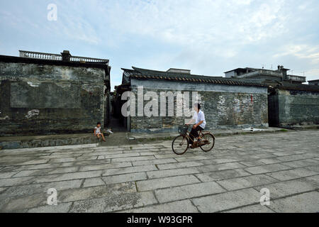 --FILE--un ciclista passa del Kaiping Diaolou le case di un villaggio del Kaiping, Jiangmen city, a sud Chinas nella provincia di Guangdong, Agosto 2012. Essi sono t Foto Stock