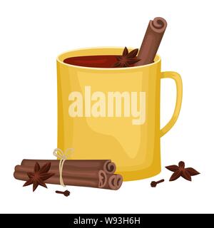 Rosso vino mulled in una tazza di colore giallo con bastoncini di cannella, i chiodi di garofano e una vasca da bagno. In inverno la bevanda alcolica. Illustrazione Vettoriale. Illustrazione Vettoriale