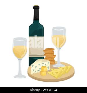 Due bicchieri di vino bianco, piatto di formaggio su una tavola di legno con cracker? Bottiglia di vino. Maasdam, Gouda, il roquefort. Illustrazione Vettoriale. Illustrazione Vettoriale