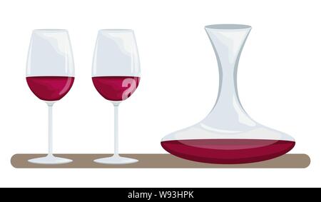 Due bicchieri di vino rosso e un decanter di vino. Il corretto uso del vino. Accessori per bere il vino. Illustrazione Vettoriale. Illustrazione Vettoriale
