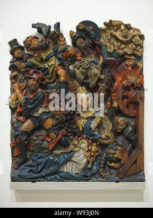 Il Martirio di Santa Caterina. In legno policromo scolpito rilievo attribuito a un maestro tedesco noto come Monogrammist HL datato intorno al 1520-1530, originariamente da Saint Catherine convento (Catherinettes) di Colmar, ora in mostra nel museo Unterlinden (museo Unterlinden) di Colmar, Alsazia, Francia. Foto Stock