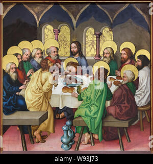 Ultima Cena. Dettaglio della pala "L'infanzia e la passione di Cristo' datato intorno al 1480 da artista del Rinascimento tedesco Martin Schongauer dalla Chiesa Dominicana di Colmar, ora in mostra nel museo Unterlinden (museo Unterlinden) di Colmar, Alsazia, Francia. Foto Stock