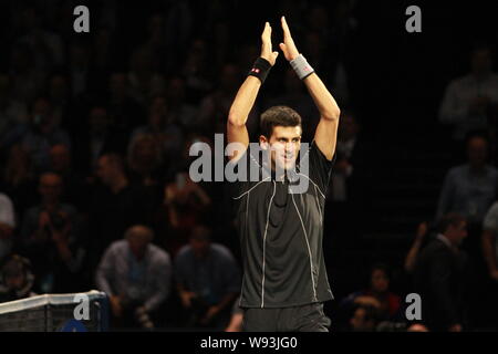 Novak Djokovic di Serbia celebra dopo la sconfitta di Rafael Nadal di Spagna durante il loro mens singles match finale del 2013 ATP World Tour Finals in Londo Foto Stock