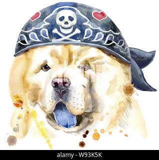 Ritratto ad acquerello di chow-chow cane indossando bandana biker Foto Stock