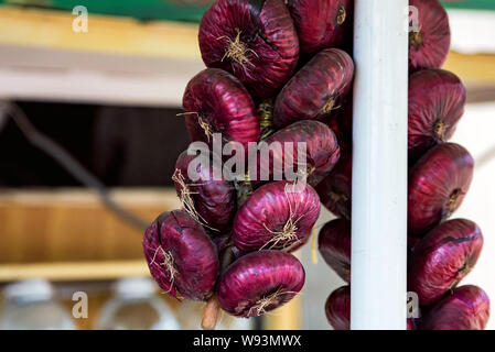 I grappoli di cipolle rosse appese sulla fune per la vendita nel mercato alimentare Foto Stock