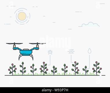 Digitali moderne smart farm. Quadcopter volare sopra il campo. Drone agricoltore banner. Piatto linea di stile moderno vettore illustrazione per l'agricoltura. Vegetabl Illustrazione Vettoriale