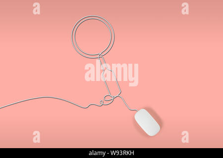 Mouse per computer con il filo che rappresenta la lente d'ingrandimento Foto Stock