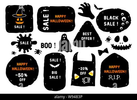 Impostare vendita happy Halloween etichetta. Lato nero di grunge forma isolata su sfondo bianco. Illustrazione Vettoriale