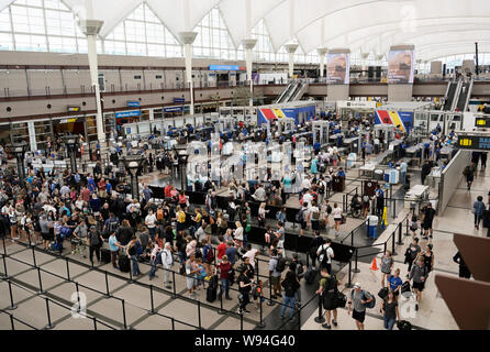Controlli di sicurezza in aeroporto TSA checkpoint all'Aeroporto Internazionale di Denver, CO con linee di viaggiatori Foto Stock
