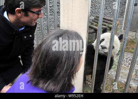 Rodolphe Delord, sinistra, Direttore di ZooParc De Beauval, e sua sorella guardare uno dei due panda giganti prestato allo zoo a Chengdu Research Ba Foto Stock