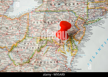 Mappa di Washington DC con Red Spingere il Pin Foto Stock