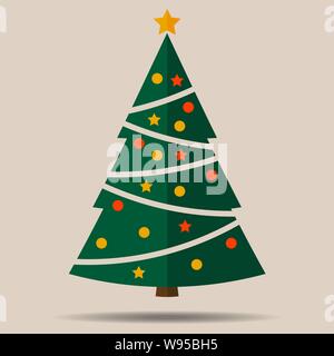 Semplice piatto albero di natale con addobbi natale illustrazione vettoriale Illustrazione Vettoriale
