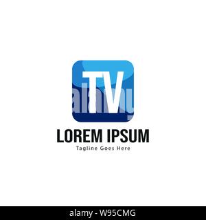TV iniziale del modello di logo con cornice moderna. TV minimalista lettera logo illustrazione vettoriale design Illustrazione Vettoriale