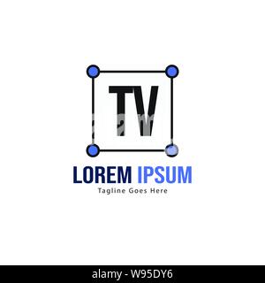 TV iniziale del modello di logo con cornice moderna. TV minimalista lettera logo illustrazione vettoriale design Illustrazione Vettoriale