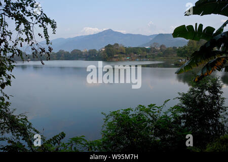 Phewa (Fewa) al di sotto del lago cime innevate della catena Hannapurna dell'Himalaya, Pokhara, Nepal Foto Stock