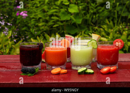 Svariati tipi di verdura e frullati di frutta fatta di cocomero, cetriolo, pomodoro, melone, carota e blackberry, orientamento orizzontale Foto Stock