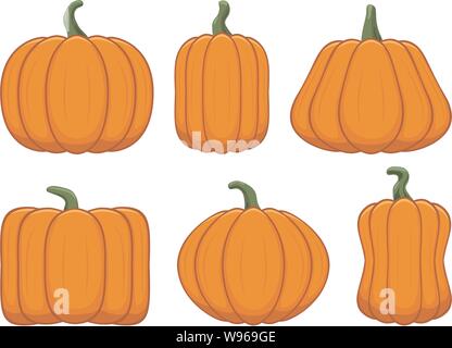 Set di vettore di arance mature zucche isolati su sfondo bianco. zucca decorazione vegetale per la mietitura e di ringraziamento illustrazioni Illustrazione Vettoriale