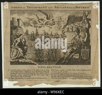 America trionfante e Britannia in emergenza Abstract: un grezzo allegoria della prosperità americana e la vittoria sulla Inghilterra. Sotto l'immagine una spiegazione si legge: Io America seduto su quel trimestre del globo con la bandiera degli Stati Uniti visualizzato sopra la sua testa tenendo con una mano il ramo di olivo, invitando le navi di tutte le nazioni a partecipare del suo commercio e nell'altra mano che regge il tappo della libertà. II fama proclamando la gioiosa notizia in tutto il mondo. III Britannia piange la perdita del commercio d'America, ha partecipato con un genio del male. IV La bandiera britannica ha colpito per la sua stron Foto Stock