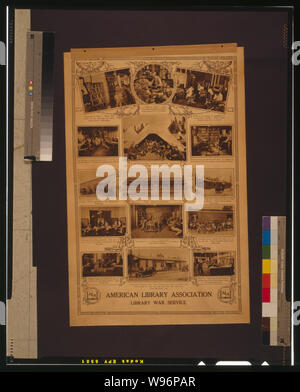 American Library Association, Biblioteca Servizio di guerra Abstract: poster che mostra numerose scene di attività sponsorizzate dalla American Library Association Library War Service, compresi interni ed esterni delle strutture e del personale militare la lettura e lo studio. Foto Stock