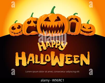 Happy Halloween zucche vacanza sotto la luna. Jack o Lanterna partito sulla notte sfondo sfocato e iscrizione biglietto di auguri modello di design. Illustrazione dell'invito a cartoni animati vettoriali Illustrazione Vettoriale