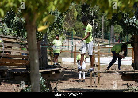 Lisbona, Portogallo. 12 Ago, 2019. Le persone che frequentano le attività durante la giornata internazionale della gioventù a Jamor National Sports Center a Lisbona, in Portogallo, il 12 agosto, 2019. Le Nazioni Unite ha impostato il tema "trasformando l'istruzione " per la commemorazione della giornata internazionale della Gioventù 2019. Credito: Pedro Fiuza/Xinhua Foto Stock