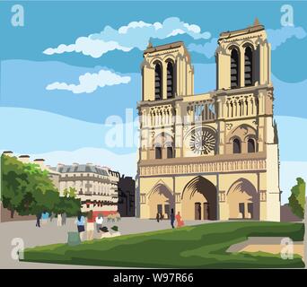 Colorata illustrazione vettoriale della cattedrale di Notre Dame (Parigi, Francia). Punto di riferimento di Parigi. Paesaggio con la cattedrale di Notre Dame. Illustrazione Vettoriale