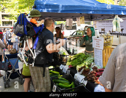 Mercato degli Agricoltori, Madison, WI, Stati Uniti d'America. Aug 2018. Donna fornitore di vegetali in una transazione con il padre che porta il figlio in un back baby carrier. Foto Stock