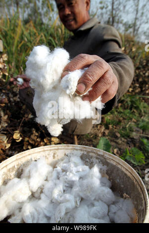 --FILE -- un agricoltore cinese il raccolto del cotone nel suo campo nel villaggio Xinqiaozhen, Wangbao town, Qidong city east Chinas provincia dello Jiangsu, 11 Novembre 201 Foto Stock