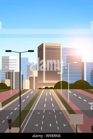 Autostrada strada asfaltata con frecce di marcatura segnaletica dello skyline della città moderni grattacieli cityscape sunrise sfondo verticale piana Illustrazione Vettoriale