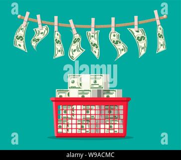 Wet le fatture del dollaro appeso sulla corda fissata con perni di vestiti. Riciclaggio di denaro del concetto. Il denaro sporco. Nascosto i salari e stipendi pagamenti nero, dell'evasione fiscale, corrompere. Anti corruzione. Appartamento illustrazione vettoriale Illustrazione Vettoriale