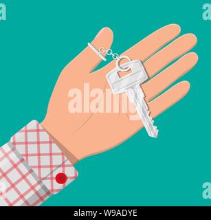 Mano con chiave in metallo. Real estate, ipoteca, auto vendita, affitto appartamenti o casa. Illustrazione Vettoriale in stile piatto Illustrazione Vettoriale