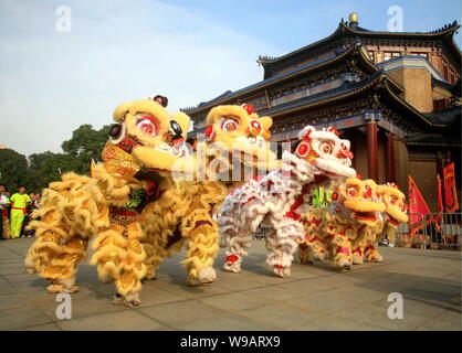 Animatori cinese eseguire la danza del leone durante una celebrazione per il cinese tradizionale festa delle lanterne in città di Guangzhou, sud Chinas Guangdong pr Foto Stock