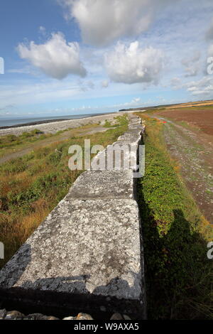 Il ben noto anti serbatoio difese di Gileston spiaggia nei pressi di Aberthaw power station in questa splendida area costiera nel Galles del Sud. Foto Stock