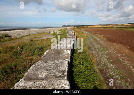 Il ben noto anti serbatoio difese di Gileston spiaggia nei pressi di Aberthaw power station in questa splendida area costiera nel Galles del Sud. Foto Stock