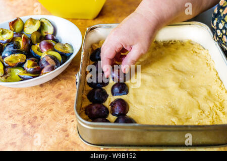 Nonna cottura torta di prugne. I dolci fatti in casa. Torta alla frutta. La mano di una donna anziana a opere di cucina Foto Stock