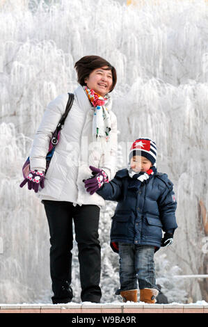 I residenti locali godono le rime scenario in città Korla, Northwest Chinas Xinjiang Uygur Regione autonoma, Dicembre 28, 2010. Un bellissimo scenario rime Foto Stock