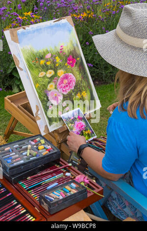 Artista Nina scudiero di catturare la bellezza dei fiori di prato di fiori a New Forest & Hampshire County Show, Brockenhurst, Hampshire REGNO UNITO NEL MESE DI LUGLIO Foto Stock