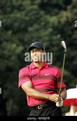 Noi golfista Tiger Woods colpisce una palla durante il round finale della HSBC Champions torneo di golf al Sheshan International Golf Club di Shanghai, Chi Foto Stock