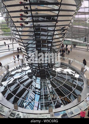 Cupola interna con specchio dell'edificio Reichstag Esempio di energia solare di autoconsumo Berlino, Germania Foto Stock