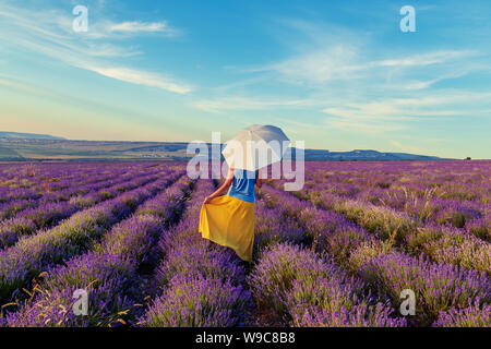 Ragazza in un campo di lavanda al tramonto. Sunny serata estiva in Crimea. Il concetto di felicità e di libertà. Foto Stock