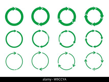 Set di cerchio verde frecce rotante su sfondo bianco. Concetto di riciclo. Teste di freccia in rappresentanza di circolazione. Aggiorna, ricaricare, loop segno di rotazione Illustrazione Vettoriale