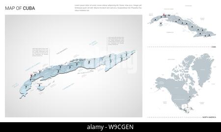 Set di vettore di Cuba paese. Vista isometrica mappa in 3d, Cuba mappa, mappa del Nord America - con regione, stato nomi e nomi di città. Illustrazione Vettoriale