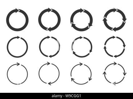 Serie di frecce cerchio rotante su sfondo bianco. Aggiorna, ricaricare, riciclo, loop segno di rotazione raccolta. Cerchio nero frecce per infographics Illustrazione Vettoriale