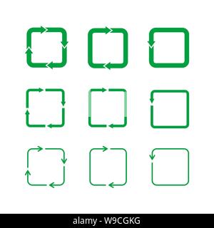 Rettangolare verde icona di loop impostato su sfondo bianco. Quadrato con angoli arrotondati frecce che rappresentano la circolazione. Concetto di riciclo. Aggiorna, ricaricare, segno del ciclo Illustrazione Vettoriale