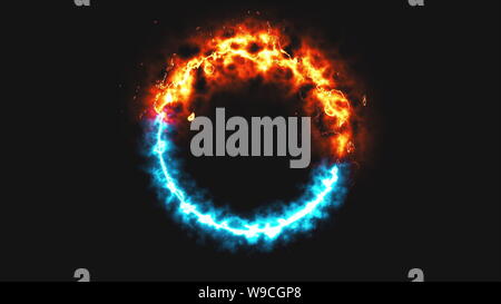 Luminoso fuoco dinamico e anello di ghiaccio nello spazio, questo è il simbolo di fronte, 3d rendering, computer sfondo generato Foto Stock
