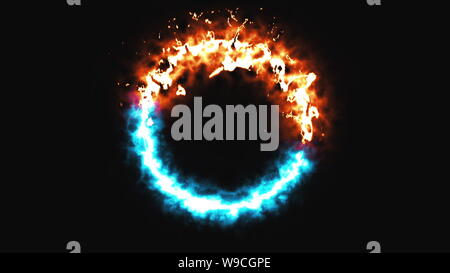 Luminoso fuoco dinamico e anello di ghiaccio nello spazio, questo è il simbolo di fronte, 3d rendering, computer sfondo generato Foto Stock