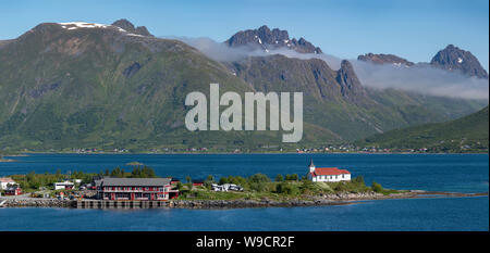 Chiesa Sildpollnes, Isole Lofoten in Norvegia. Foto Stock