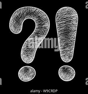 Domanda e l esclamazione di marchi. Mano bozzetto su sfondo nero Illustrazione Vettoriale